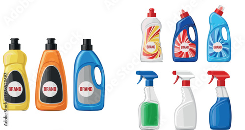 Cleaning products collection with detergent bottles and spray cleaners, household hygiene supplies in colorful vector illustration set