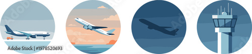 Set of airport operation flat vector illustrations featuring a commercial airplane on the runway, taking off at sunset, flying in the night sky, and an air traffic control tower.