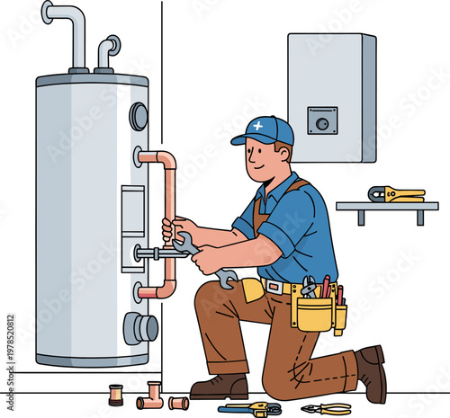 Plumber repairing a water heater boiler with tools in a utility room.