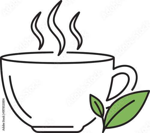 Cup of hot green tea with leaves, healthy organic beverage illustration.