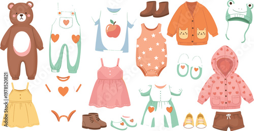 Cute baby clothes and accessories vector illustration set with outfits shoes and costume elements in flat cartoon style for kids fashion design