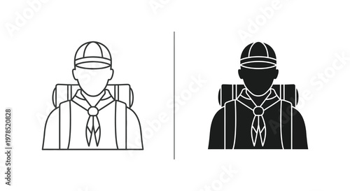 Two representations of a scout with backpack one outlined and one solid silhouette