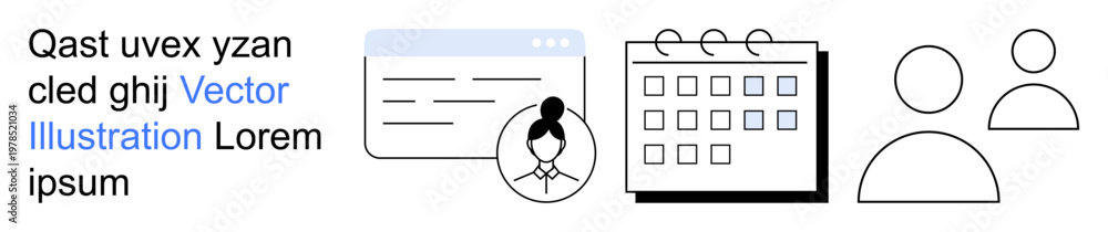 Fototapeta premium Team coordination, scheduling, task management, productivity, organization, digital interfaces. Calendar, user profile and webpage elements with minimal design. Scheduling and team coordination