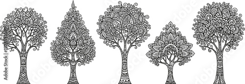 Set of ornamental decorative trees with mandala and floral patterns.