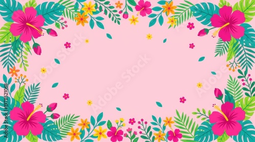 Tropical Hibiscus Floral Frame on Pink Background