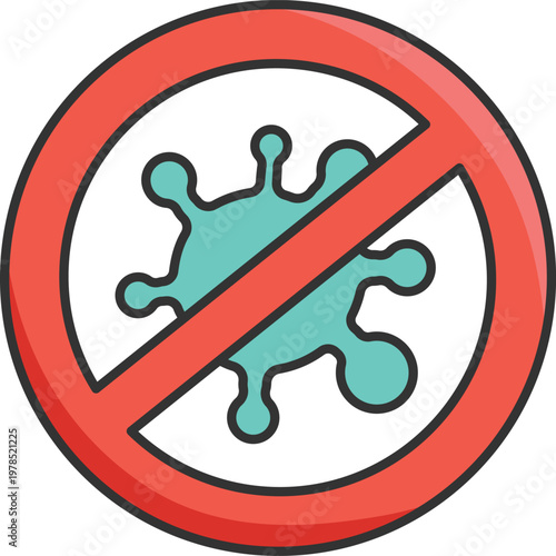 A red prohibition sign over a teal virus cell icon, representing infection control and prevention