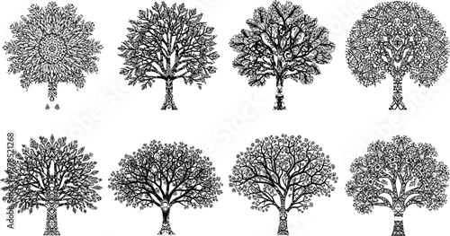 Set of ornamental decorative trees with mandala and floral patterns.