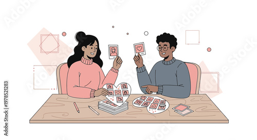Couple Building Memories with Instant Photos, Romantic Illustration