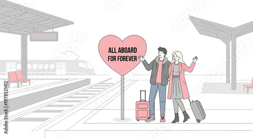 Couple at Train Station with Heart Sign 'All Aboard for Forever'