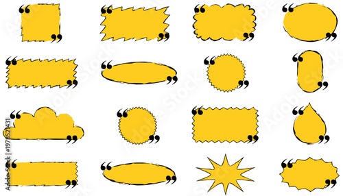 Fotografie A set of sixteen bright yellow quotation boxes or speech bubbles, each with black quotation marks