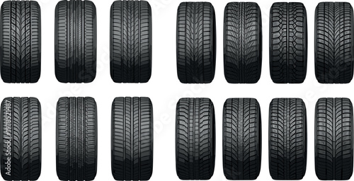 Car tire tread collection with different patterns and textures, realistic rubber wheels in detailed automotive vector illustration set