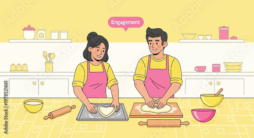 Couple Baking Together, Engagement Concept, Love and Happiness in Kitchen