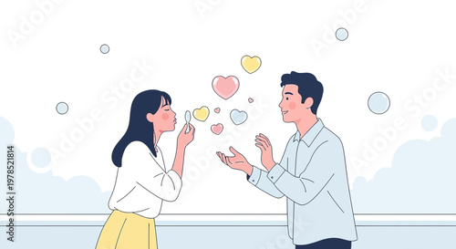 Couple blowing heart-shaped bubbles, symbolizing love and romance