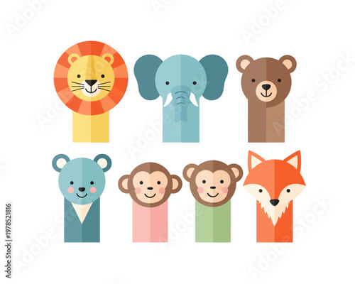 A collection of seven colorful, flat design animal finger puppets including a lion, elephant, bear, mouse, two monkeys, and a fox.