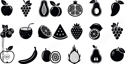 Collection of fruit icons in black silhouette style, various fresh tropical and common fruits vector illustration set isolated