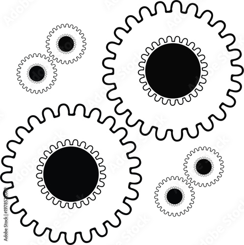 Industrial machinery engine parts line art background. Conceptual teamwork and synchronization gear symbols