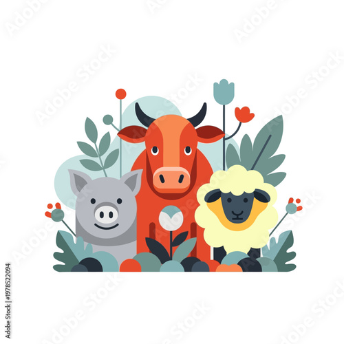 A charming illustration featuring a pig, a cow, and a sheep amidst lush foliage and delicate flowers.