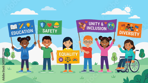 Diverse Children Holding Banners for Education Equality Unity and Hope Social Values Illustration