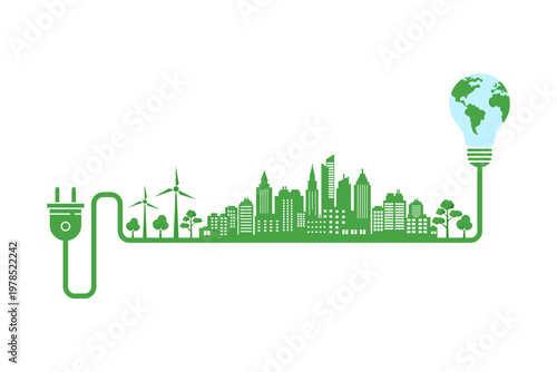 Green smart city powered by renewable energy with plug cable, wind turbines and earth light bulb. Sustainable urban development, clean electricity and eco friendly future concept