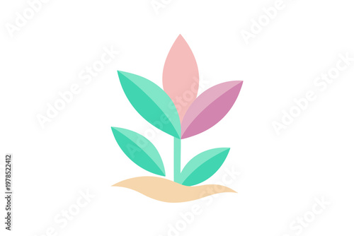 Stylized plant sprout with pink and mint leaves in soft soil, minimalist illustration