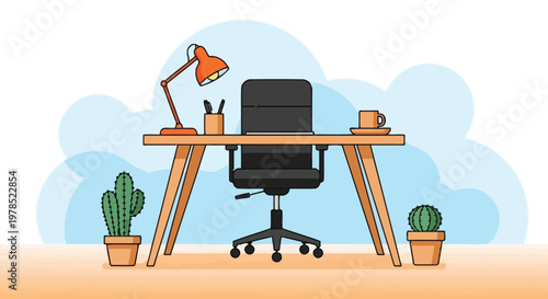 A brightly colored illustration depicts a modern home office setup with a desk chair and accessories