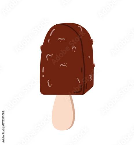 Delicious ice cream bar covered in dark chocolate glaze with crispy nuts. Isolated sweet dessert on a wooden stick for summer cafe and food designs.