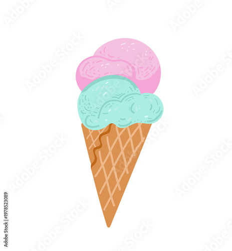 Refreshing dessert with turquoise and pink ice cream scoops in a crispy waffle cone. Sweet treat for summer cafe menus and food designs.