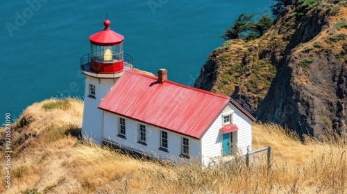 A coastal lighthouse, red roof, white walls, sits on a cliff overlooking a vast blue ocean
