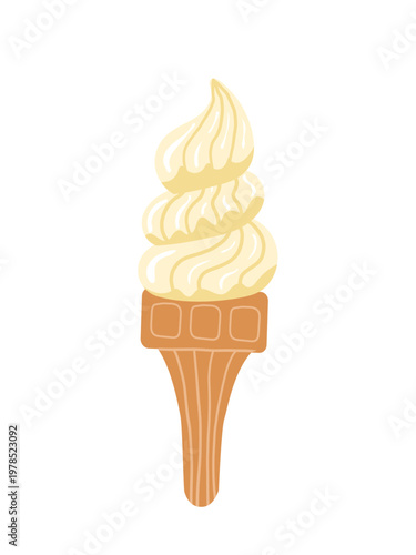 Swirly vanilla soft serve ice cream in a crispy waffle cone. Minimalist sweet dairy dessert illustration for summer cafe menu and food promotion.