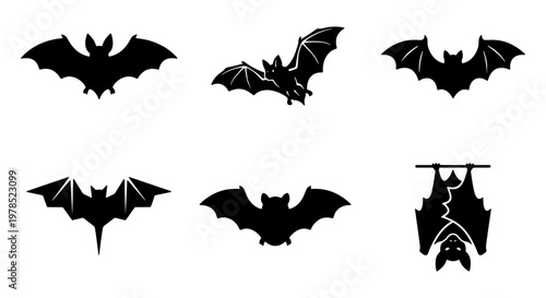 Black bat silhouettes collection, set of 6 flying and hanging bat icons, spooky halloween nocturnal animal vectors for gothic graphic design