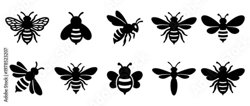 Minimalist honey bee icons set, 10 black bumblebee vector silhouettes, flying insect graphic elements for honey packaging and logo design