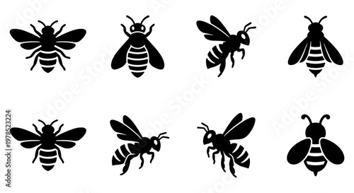 Honey bee icon set with 8 black vector silhouettes, bumblebee and wasp insect symbols, minimalist nature graphic elements for organic branding