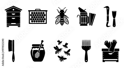 Beekeeping icons set, professional apiary equipment vector illustrations, black honey production symbols, 10 beekeeping tool elements for web design