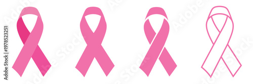 Pink Ribbon Icon Set Vector, Breast Cancer Awareness Symbols, Women Health Support Ribbons in Flat and Outline 
Style Isolated on White Background