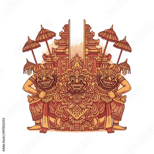 Detailed Balinese temple gate illustration with guardian figures and ornate carvings.
