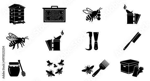 Beekeeping icon set with 12 black vector silhouettes. Professional apiary equipment and honey production symbols. Bee farm tools and insects.