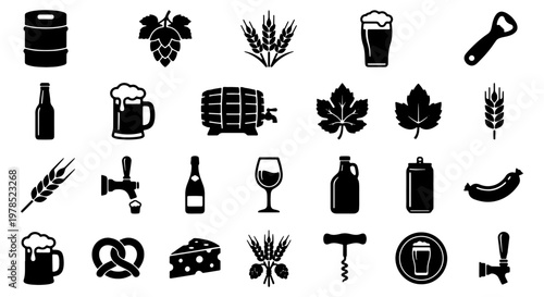 Craft beer icons set, brewery and pub symbols collection, black flat vector illustrations of beer mugs, hop, wheat, and bar snacks