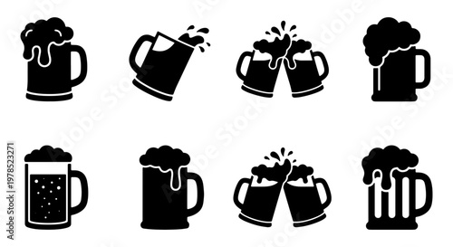 Beer mug icon set, black silhouette beer glasses with foam and bubbles, 8 vector elements for brewery and pub branding, toasting beer steins