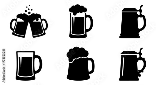 Beer mug icon set with 6 black vector silhouettes, foaming beer glass and traditional stein collection, brewery and pub graphic elements