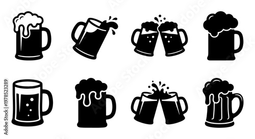 Minimalist beer mug icon set, black silhouette brewery symbols, collection of 8 beer glass vectors for pub menus and bar branding
