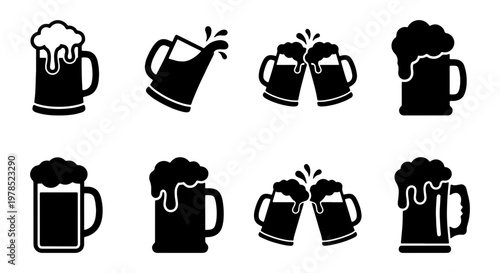 Beer mug icon set with 8 black vector silhouettes, foaming ale glass symbols for pub menus, clinking beer steins for brewery branding and bar signage