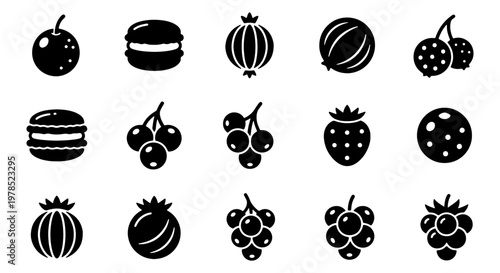 Minimalist berry and fruit icon set, 15 black solid vector elements, organic food and sweet dessert symbols for menu design and packaging