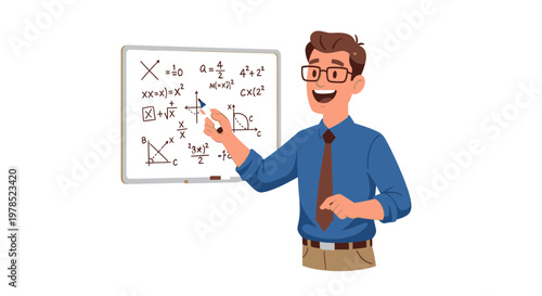 Enthusiastic Male Math Teacher Explaining Algebra Equations on Whiteboard