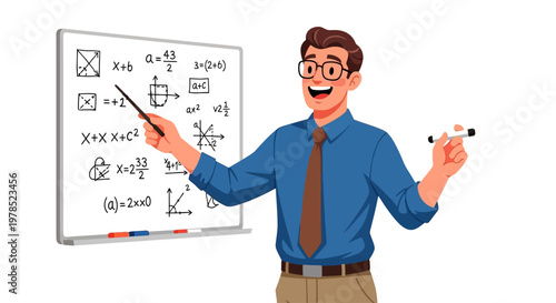 Enthusiastic Male Math Teacher Explaining Algebra Equations on Whiteboard