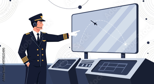 Pilot analyzing flight path trajectory on control screen in sophisticated flight control room