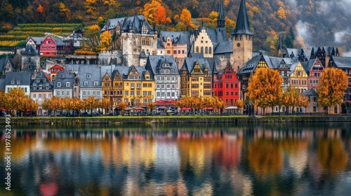 Picturesque European town on a lake, colorful buildings reflecting in the water, autumn hues