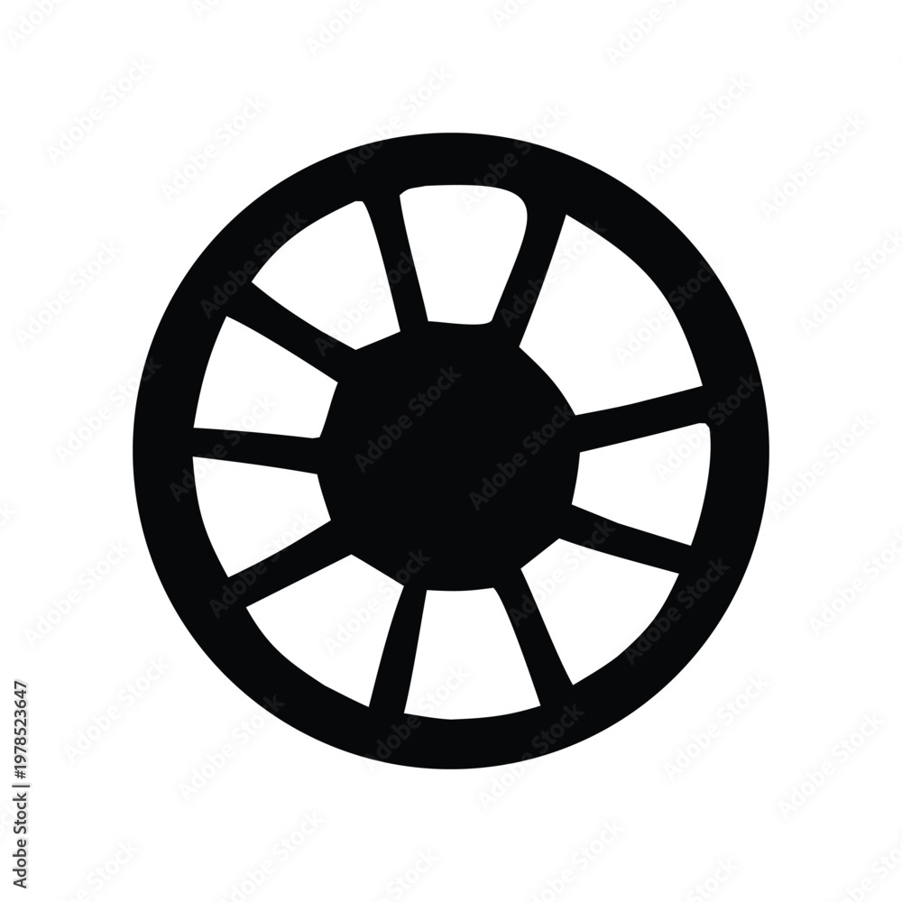 Obraz premium A simple black circular graphic with radial spokes, resembling a wheel or a stylized sun, presented on a white background