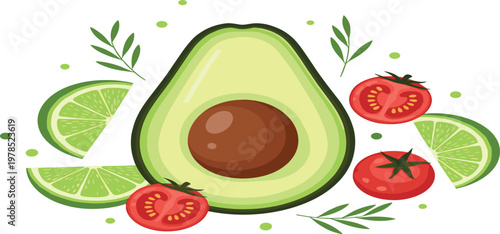 Avocado vector illustration with lime slices and tomatoes, fresh healthy ingredients composition, organic food design for salad isolated on white background