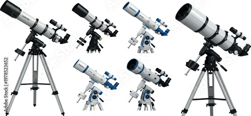 Astronomical telescope vector set with professional observatory equipment, mounted optical devices on tripods, space observation instruments isolated on white background