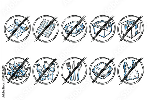 No Plastic Icons Pack – Environmental Protection & Sustainability Signs